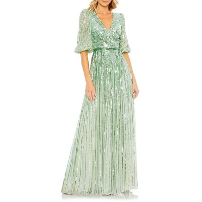 Mac Duggal Sequined Wrap Over 3/4 Sleeve Gown