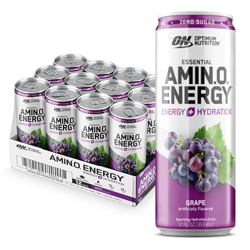 Optimum Nutrition Amino Energy Sparkling Hydration Drink, Electrolytes, Caffeine, Amino Acids, BCAAs, Sugar Free, Grape, 12 Fl Oz, 12 Pack (Packaging
