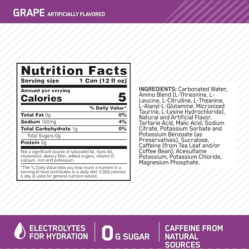 Optimum Nutrition Amino Energy Sparkling Hydration Drink, Electrolytes, Caffeine, Amino Acids, BCAAs, Sugar Free, Grape, 12 Fl Oz, 12 Pack (Packaging thumbnail
