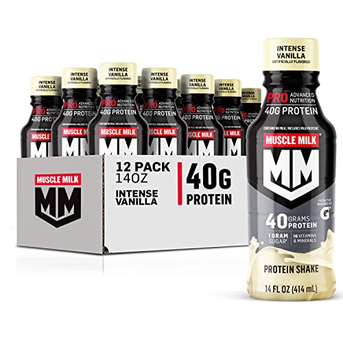 Muscle Milk Pro Advanced Nutrition Protein Shake, Intense Vanilla, 14 Fl Oz Bottle, 12 Pack, 40g Protein, 1g Sugar, 16 Vitamins & Minerals, 6g Fiber,