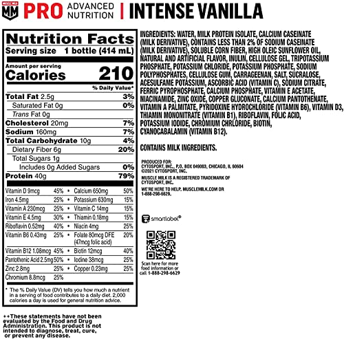 Muscle Milk Pro Advanced Nutrition Protein Shake, Intense Vanilla, 14 Fl Oz Bottle, 12 Pack, 40g Protein, 1g Sugar, 16 Vitamins & Minerals, 6g Fiber, thumbnail
