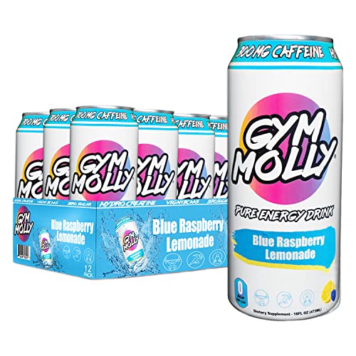 Gym Molly Blue Raspberry Lemonade Energy Drink Cans | Zero Sugar | Hydro Creatine | Vegan BCAAs | B Vitamins | 16 Fl Oz (Pack of 12)