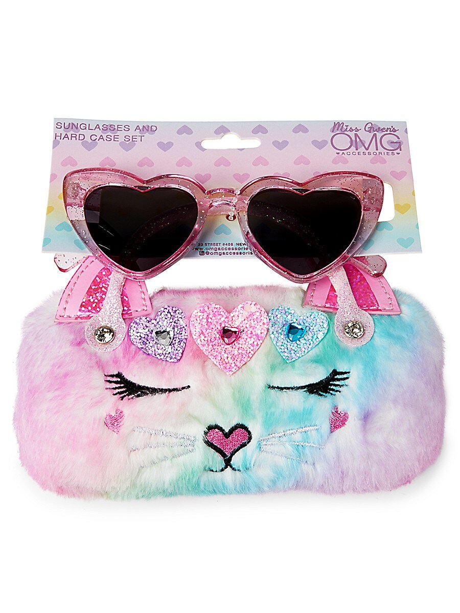 OMG Accessories Girl's Bella Hearts 2-Piece Sunglasses & Faux Fur Top Handle Bag Set - Bubble Gum