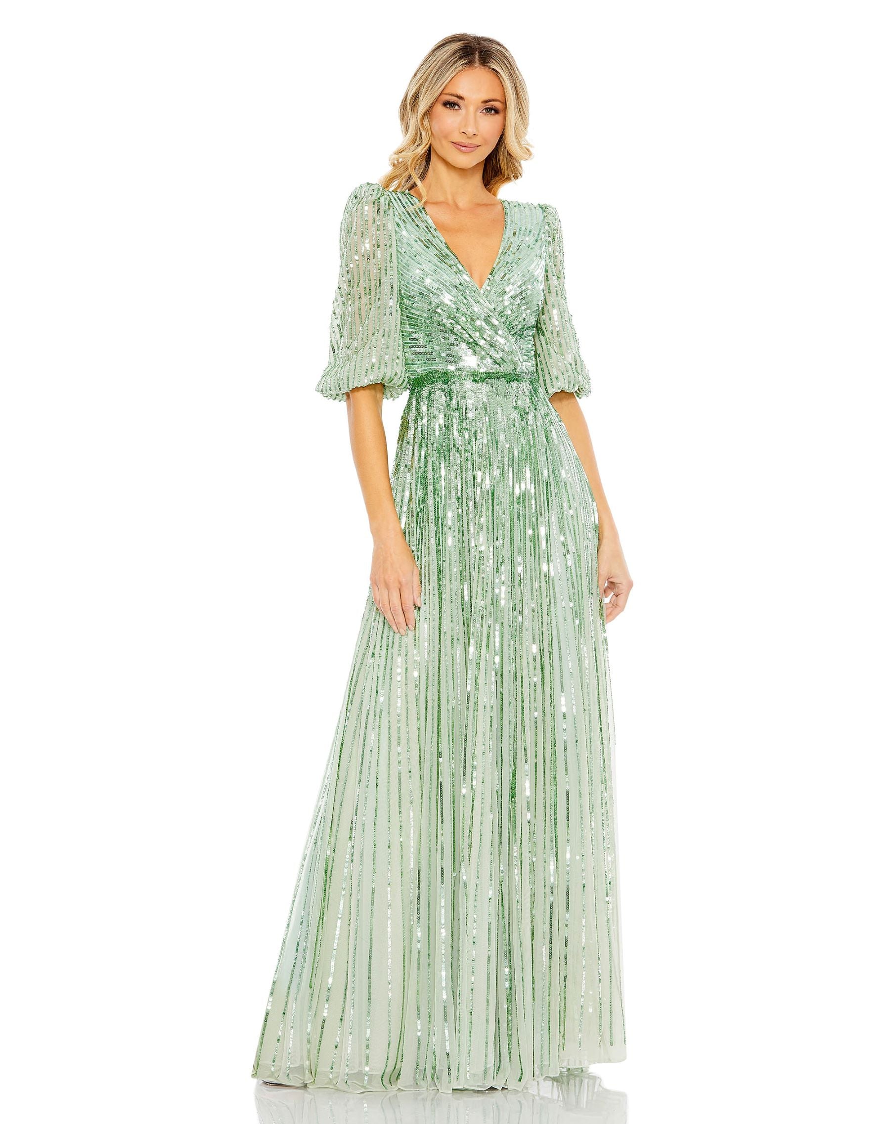 Mac Duggal Sequined Wrap Over 3/4 Sleeve Gown