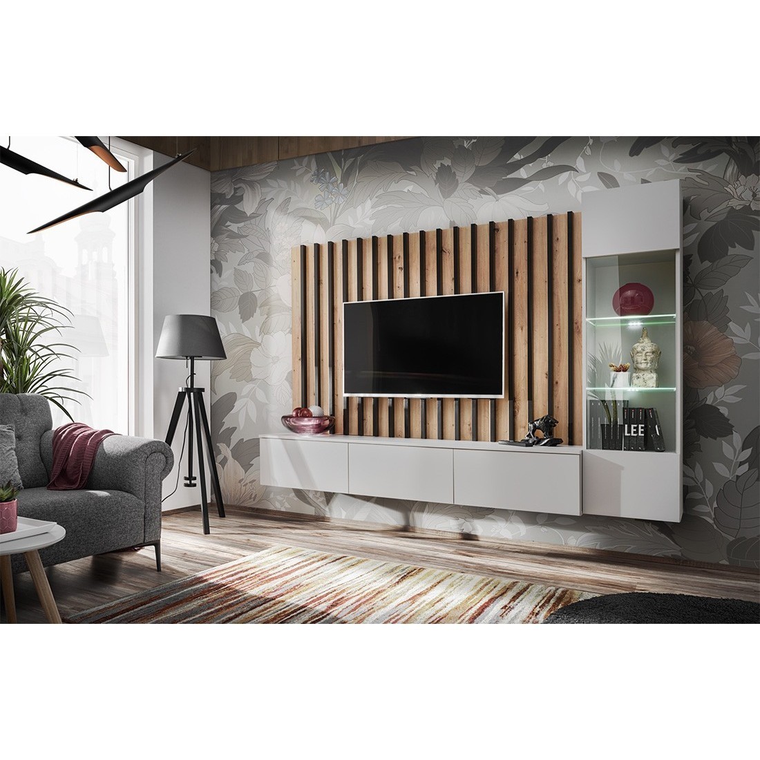 Ensemble De Meubles De Salon Suspendus Avec Fond Mural Décoratif Collection Tashya. Couleur Chêne, Gris Perle Et Noir - Gris thumbnail