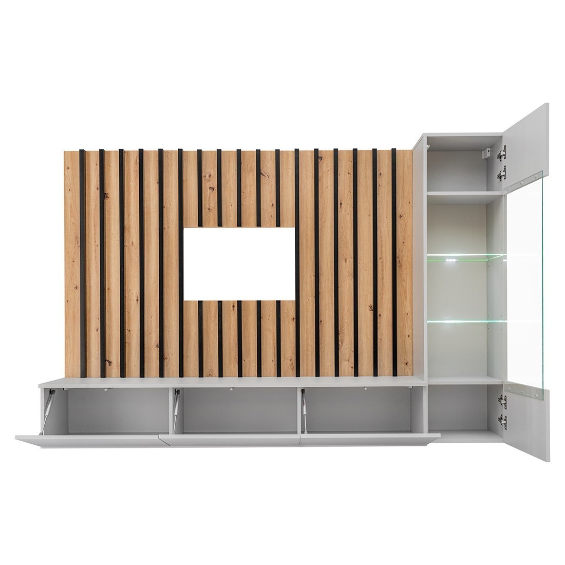 Ensemble De Meubles De Salon Suspendus Avec Fond Mural Décoratif Collection Tashya. Couleur Chêne, Gris Perle Et Noir - Gris thumbnail