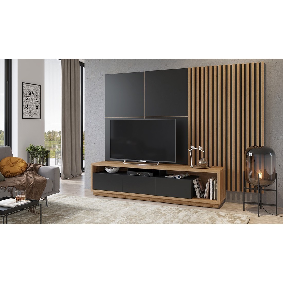Lamelles Murale Xl Aspect Chêne Sur Support Fond Noir Mat Collection Clara - Noir thumbnail
