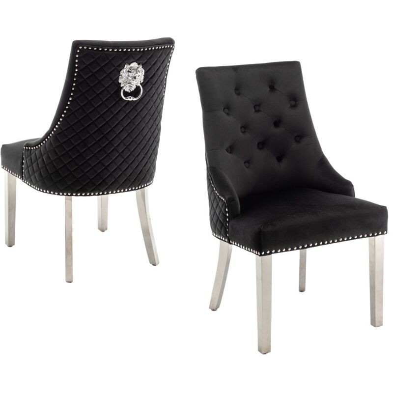 Lot De 2 Chaises Lion Mattelassée Et Cloûtée Chrome Velours Noir