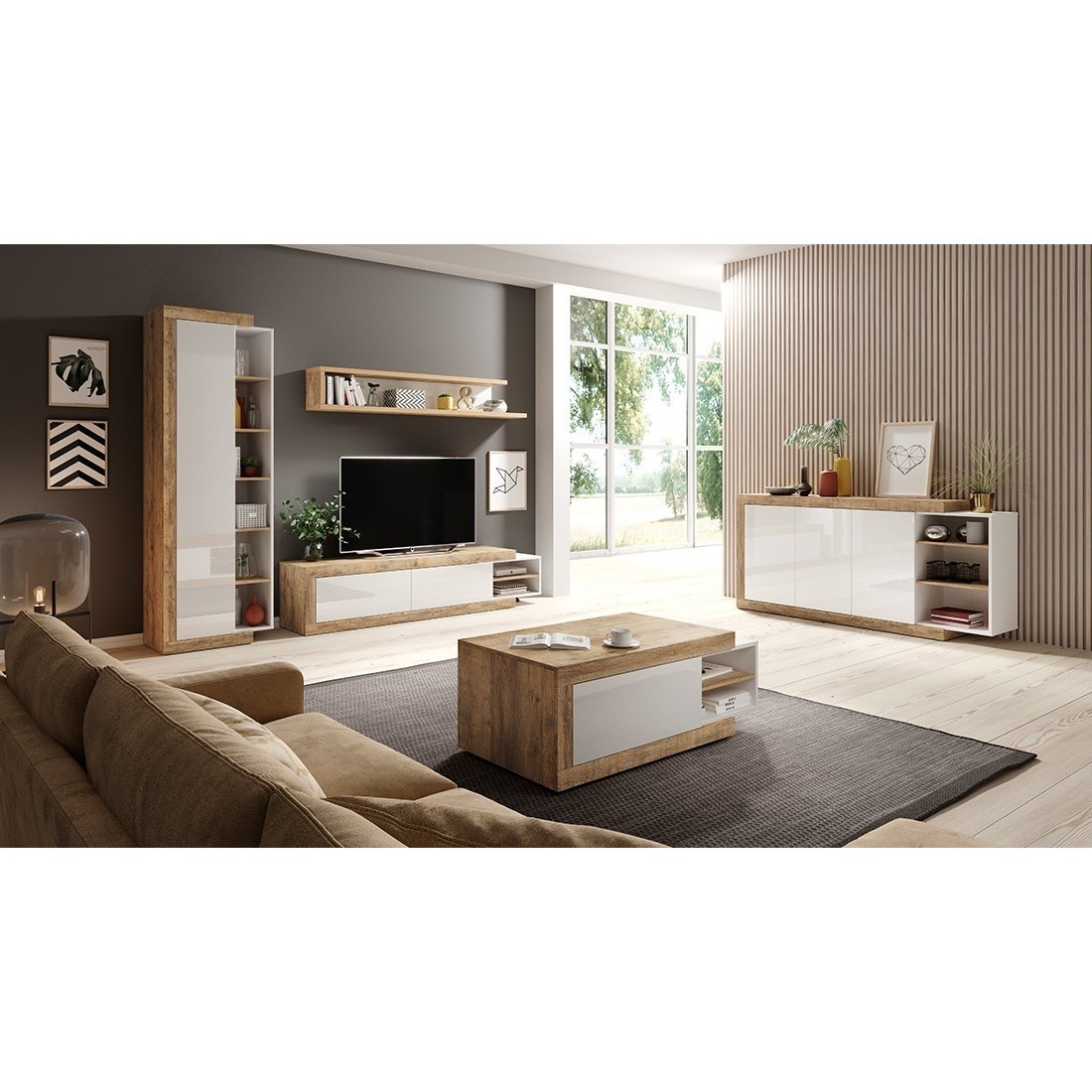 Ensemble De 5 Meubles De Salon Collection Sinatra. Couleur Chêne Et Blanc Brillant. - Marron - Bois