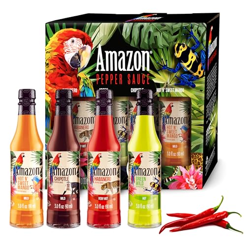 Amazon Pepper Sauce Gift Pack - 4 Hot Sauce Bottles with Habanero Sauce  Chipotle Sauce  Green Amazon Sauce and Mango Hot Sauce! (1 Pack of 3 Fl. Oz. 