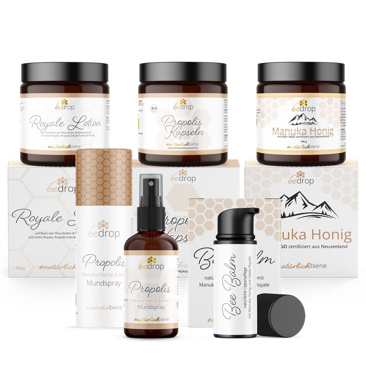 Bedrop Winter Care Set Bee Balm, Propolis Kapseln, Royale Lotion, Manuka Honig & Spray