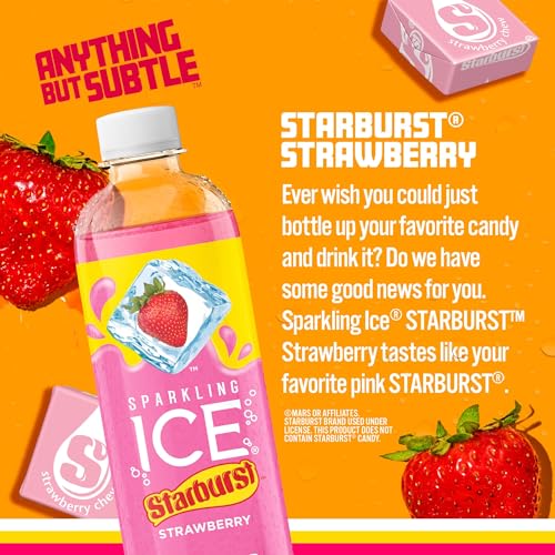 Sparkling Ice STARBURST Strawberry, Zero Sugar Flavored Sparkling Water, with Vitamins and Antioxidants, Low Calorie Beverage, 17 Fl Oz Bottles (Pack thumbnail