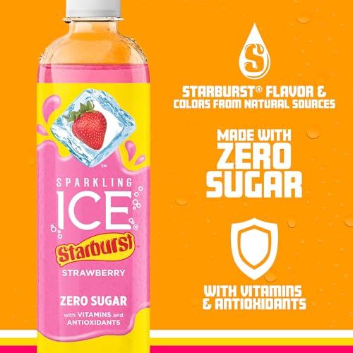 Sparkling Ice STARBURST Strawberry, Zero Sugar Flavored Sparkling Water, with Vitamins and Antioxidants, Low Calorie Beverage, 17 Fl Oz Bottles (Pack thumbnail
