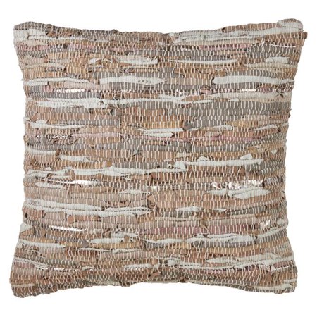 SARO 4875.N20S 20 in. Square Cotton Leather Blend Accent Pillow with Chindi Design & Down Filling - Natural
