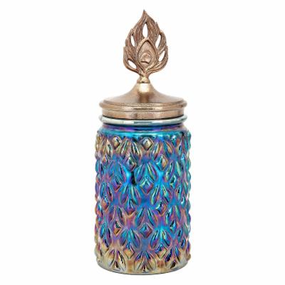 Blue and Multi-color Medium Peacock Lidded Decorative Canister
