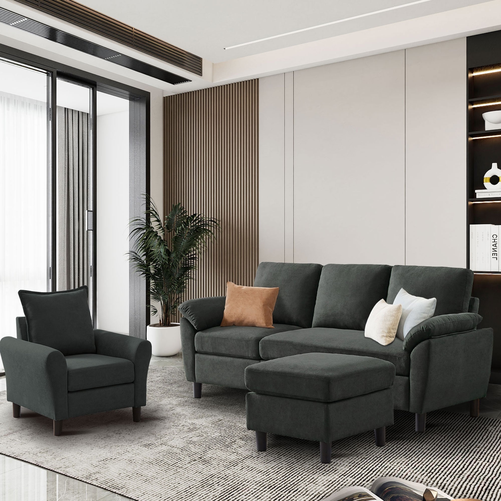 3-Piece Living Room Sectional Sofa Set with Chair and Ottoman Black