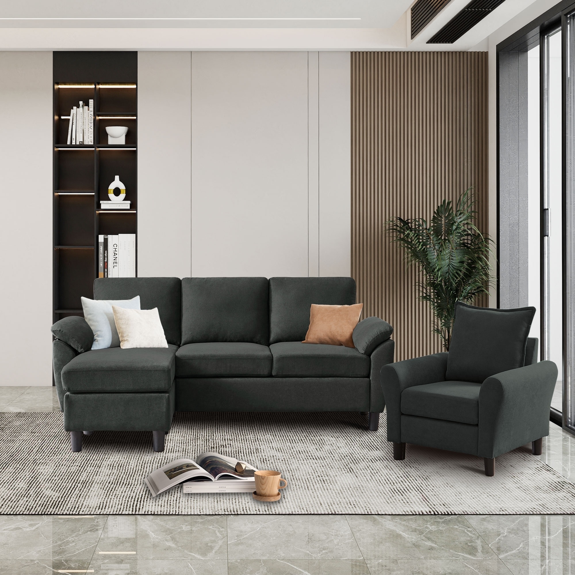 3-Piece Living Room Sectional Sofa Set with Chair and Ottoman Black thumbnail