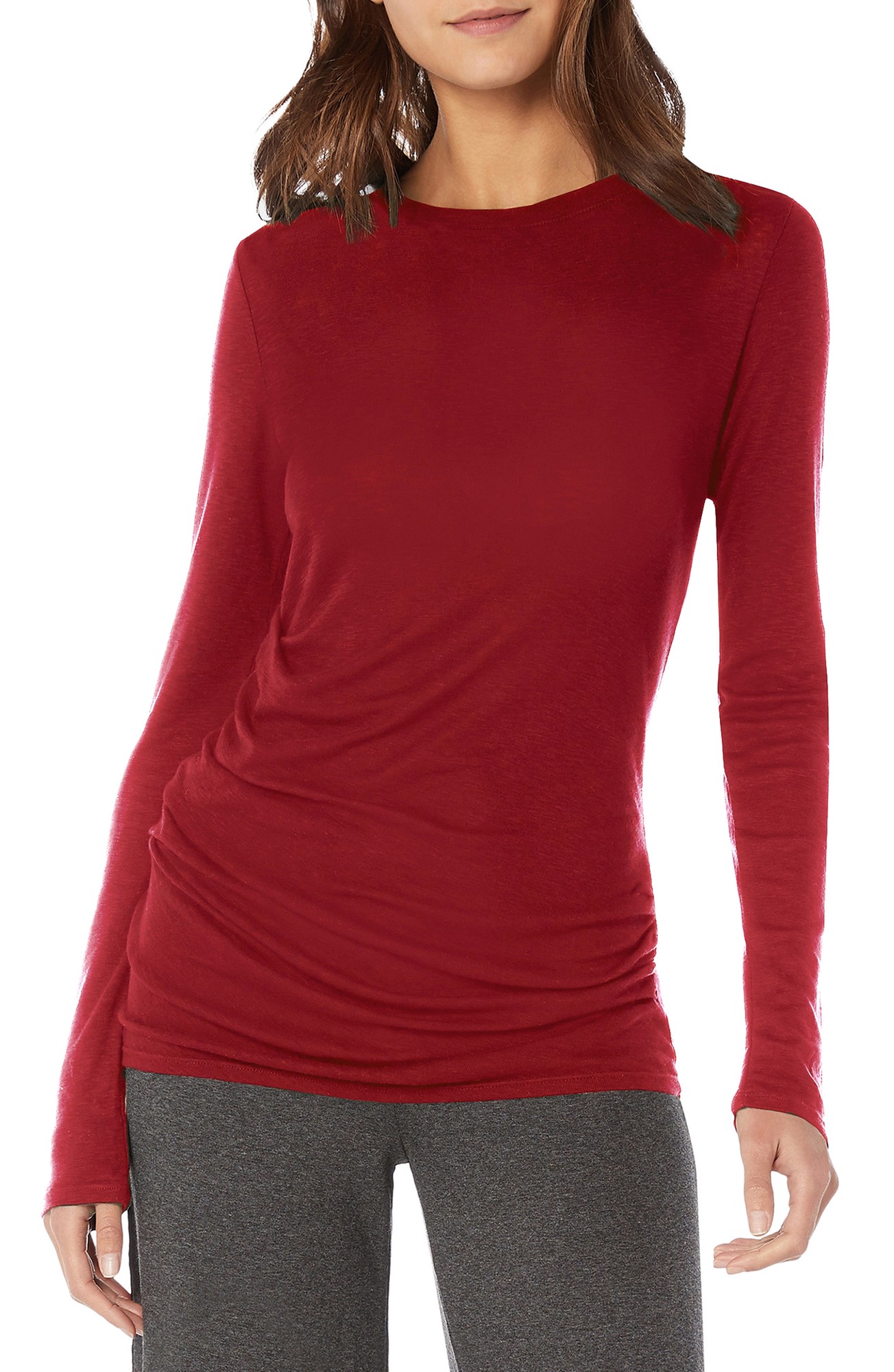 Women's Michael Stars Side Gather Long Sleeve Cotton Blend Top, Size One Size - Red
