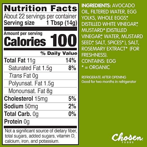 Chosen Foods 100% Avocado Oil-Based Classic Mayonnaise, Gluten & Dairy Free, Low-Carb, Keto & Paleo Diet Friendly, Mayo for Sandwiches, Dressings and thumbnail