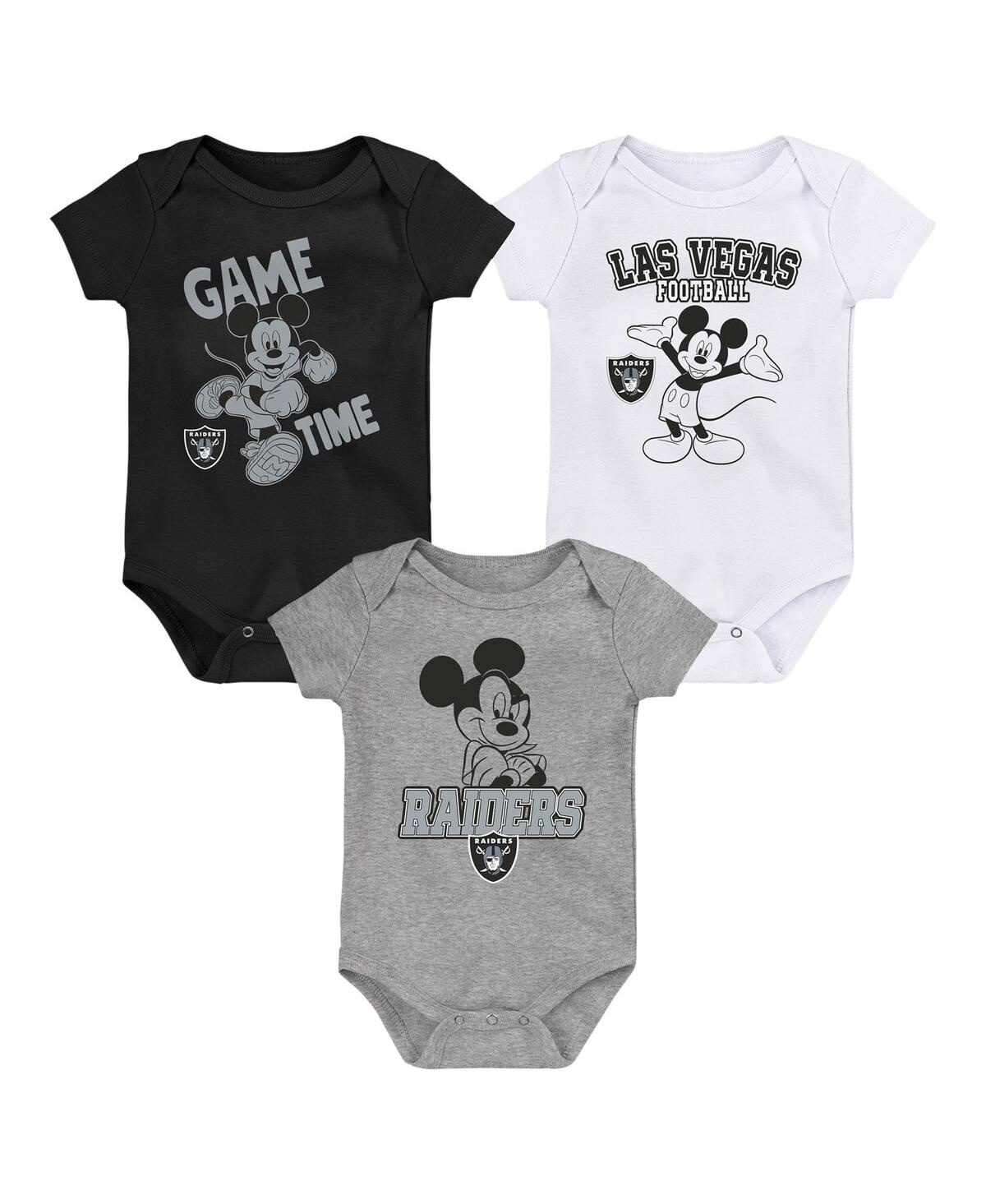 Baby Boys and Girls Black, White, Gray Las Vegas Raiders Three-Piece Disney Game Time Bodysuit Set - Black, White, Gray