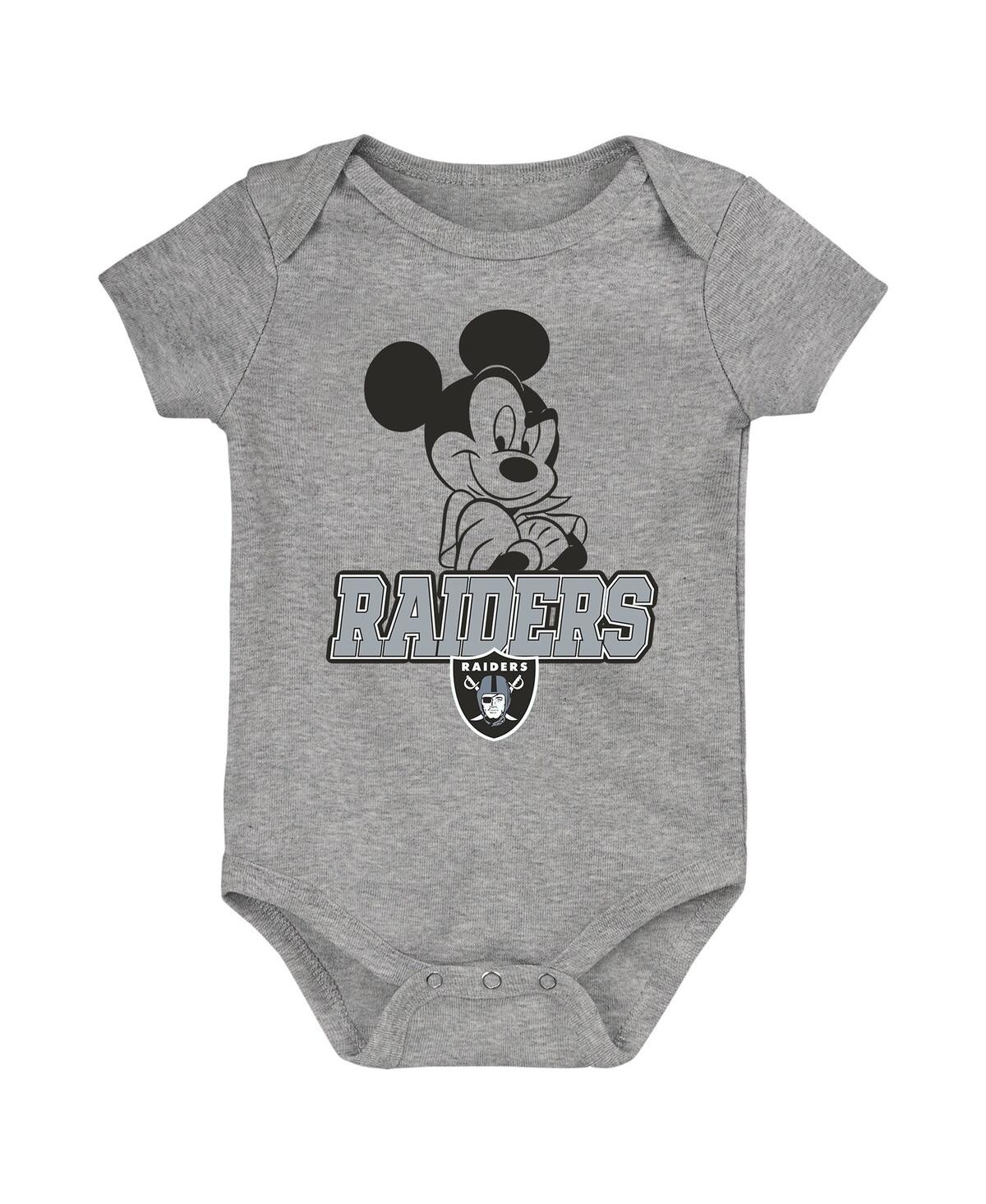 Baby Boys and Girls Black, White, Gray Las Vegas Raiders Three-Piece Disney Game Time Bodysuit Set - Black, White, Gray thumbnail