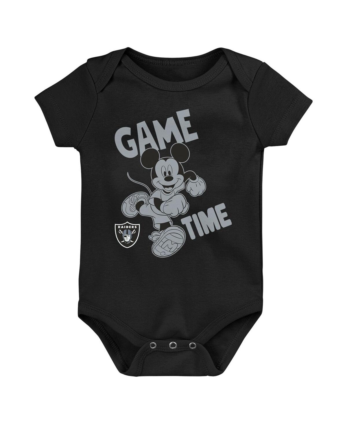 Baby Boys and Girls Black, White, Gray Las Vegas Raiders Three-Piece Disney Game Time Bodysuit Set - Black, White, Gray thumbnail