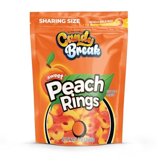 Candy Break Fruity Sweet Peach Rings Gummy Candy - 24 Oz Share Size Resealable Bags - Sweet & Chewy Gift Snacks for Kids & Grown Ups (Pack of 1)