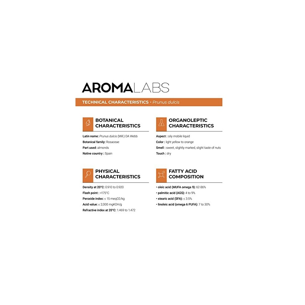 ORGANIC - SWEET ALMOND Oil - 250mL - 100% Pure, Natural, Cold Pressed and AB Certified - AROMA LABS (French Brand) thumbnail