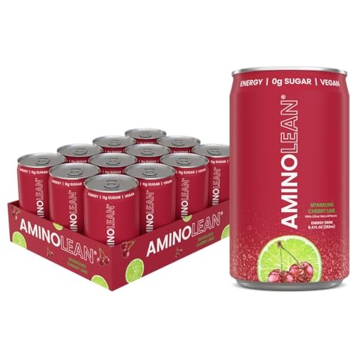 AminoLean Energy Drink MINIS – Sugar Free Anytime Energy with Natural Caffeine & Vegan Amino Acids for No Jitters, Tingles, or Crash, Cherry Lime, 8