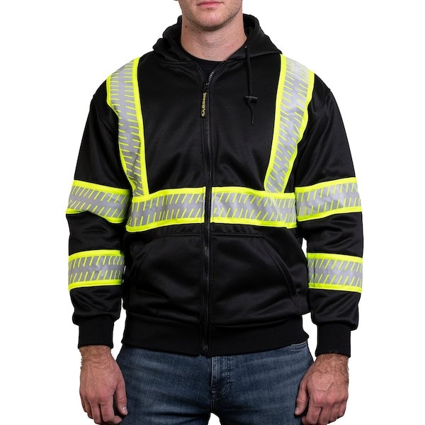 Full Zip Hi-Vis Hoodie, 100% Pique Fleece, Black, 2XL