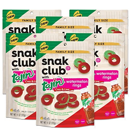 Snak Club Tajin Watermelon Rings, Chili & Lime Sweet Spicy Gummy Snacks, Mild in Heat Bold in Flavor, Gluten-Free Snack, 11oz Resealable Bag (Pack of