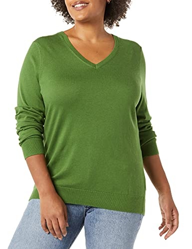 Amazon Essentials Women's Classic-Fit Lightweight Long-Sleeve V-Neck Sweater (Available in Plus Size), Green, Large thumbnail