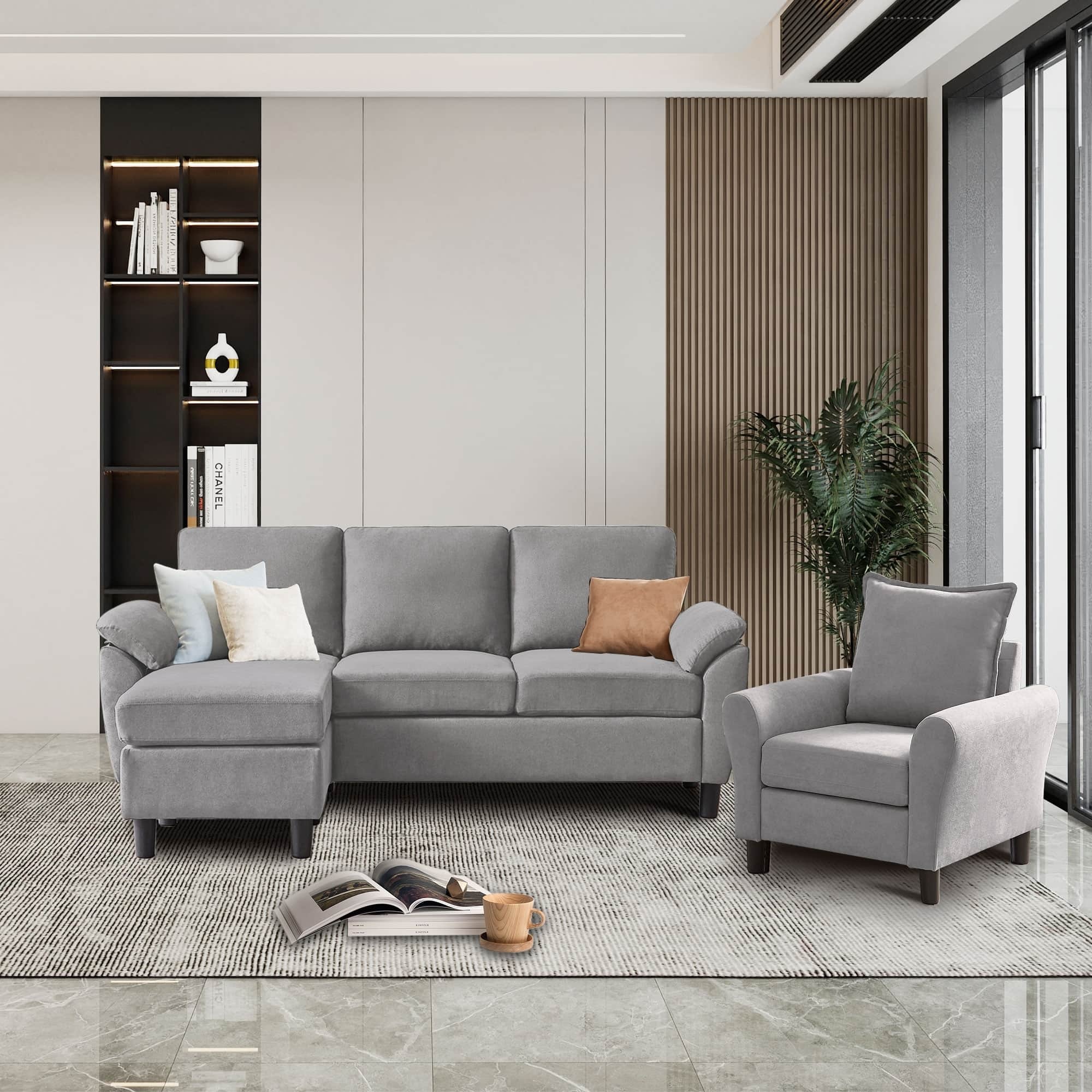 3-Piece Living Room Sectional Sofa Set with Chair and Ottoman Lightgrey