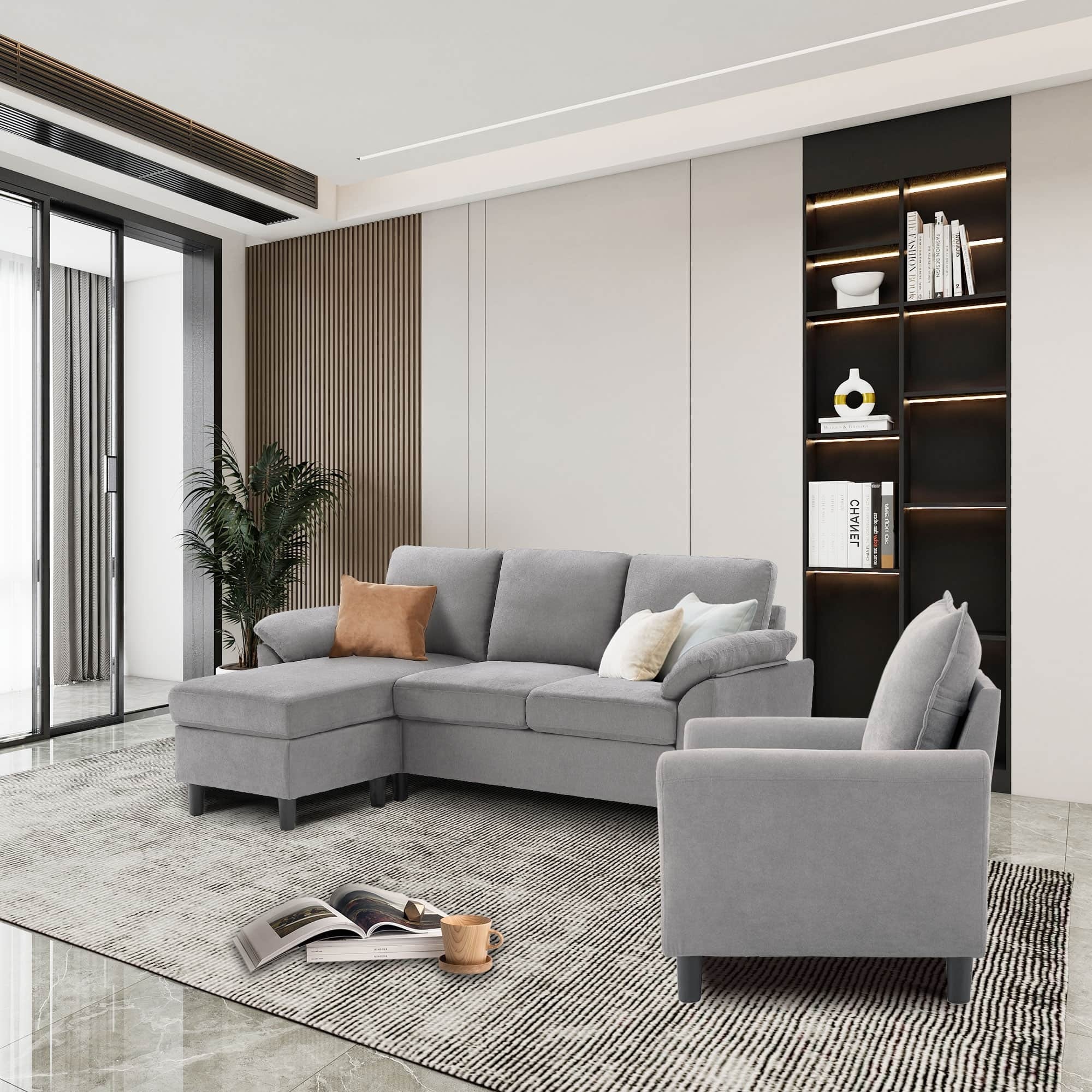 3-Piece Living Room Sectional Sofa Set with Chair and Ottoman Lightgrey thumbnail