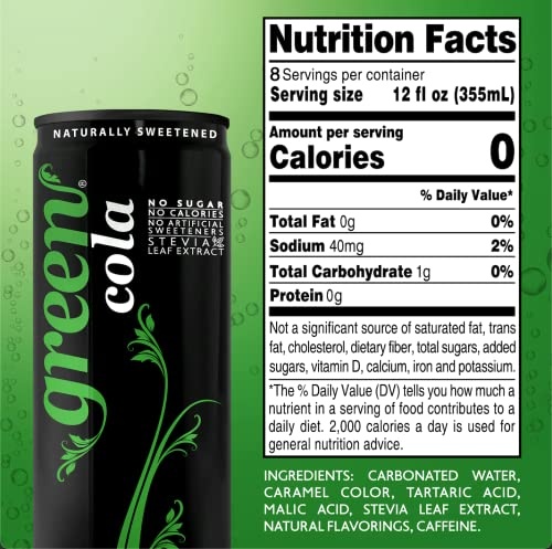 Green Cola - Sugar Free, Zero Calories, Naturally Sweetened with 100% Stevia Leaf Extract, Carbonated Soda, 100% Cola Taste, 12 Fl Oz Each Can - Pack thumbnail