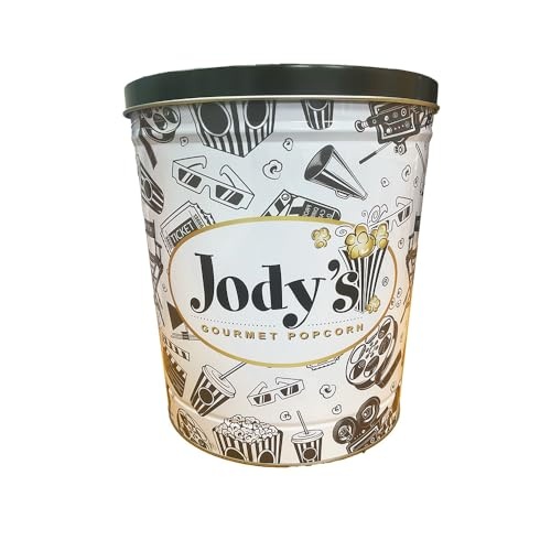 Jody’s Movie Theatre Tin. 18oz Tin Filled with Caramel Corn, Double Cheddar and Sea Salt. Gourmet Popcorn Snack Tin