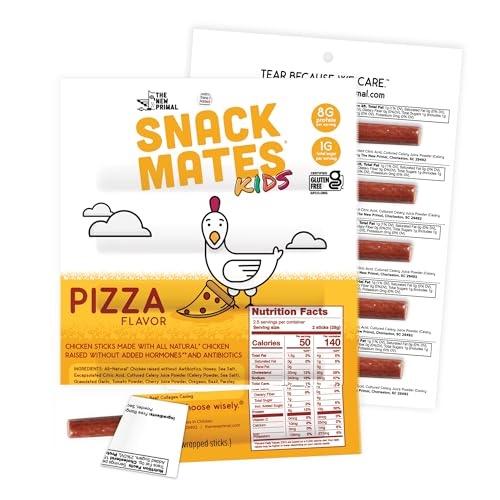 The New Primal Snack Mates Pizza Chicken Sticks, Gluten Free Healthy Snacks for Kids, Low Sugar High Protein Kids Snack for School, Mini Paleo Jerky M