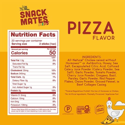 The New Primal Snack Mates Pizza Chicken Sticks, Gluten Free Healthy Snacks for Kids, Low Sugar High Protein Kids Snack for School, Mini Paleo Jerky M thumbnail