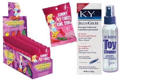 Bundle Package of Gummy Finger Ring Dongs 8/Bag(12/DP) and Anti-bacterial Toy Cleaner 4.3 Oz. and a K-Y Jelly 2 Oz. Tube