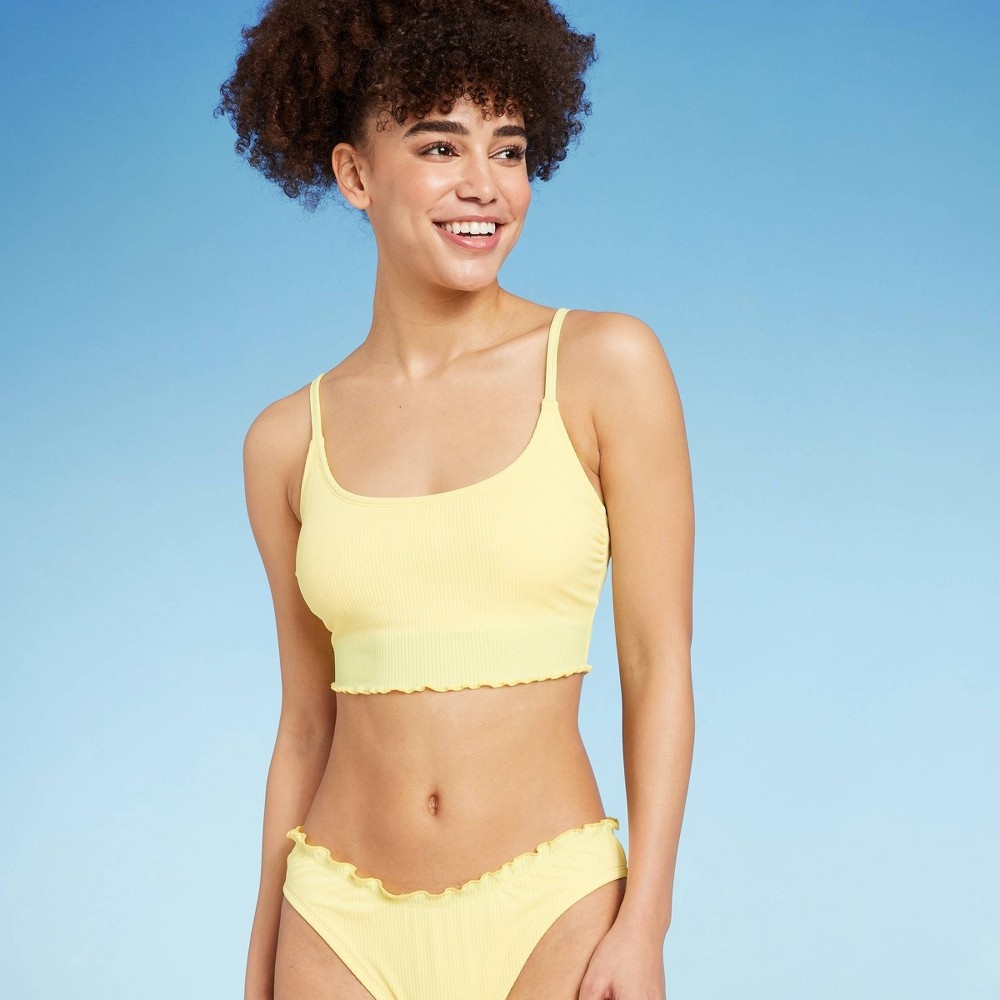 Photo 1 of (XL) Women's Ribbed Lettuce Edge Longline Bikini Top - Wild Fable™ Yellow