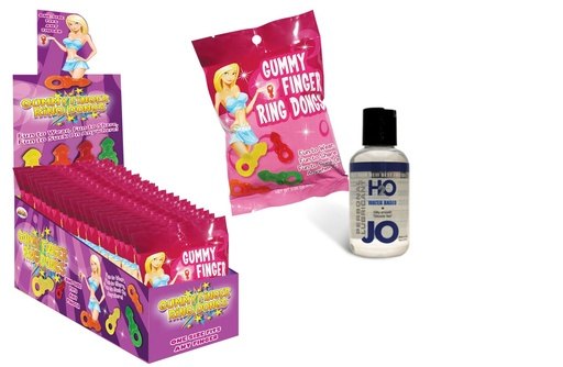 Bundle Package of Gummy Finger Ring Dongs 8/Bag(12/DP) and JO H20 4.5oz.