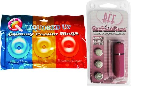Bundle Package of Liquored up Pecker Gummy Rings-3pk and a Bff Waterproof Vibrating Bullet Pink