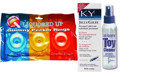 Bundle Package of Liquored up Pecker Gummy Rings-3pk and Anti-bacterial Toy Cleaner 4.3 Oz. and a K-Y Jelly 2 Oz. Tube