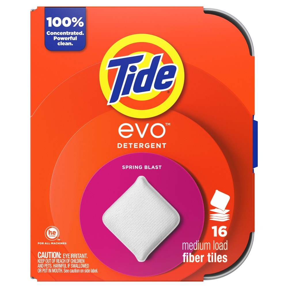Tide Evo Laundry Detergent Tiles  100% Concentrated  6X Cleaning Power  Spring Blast Scent  16 Count