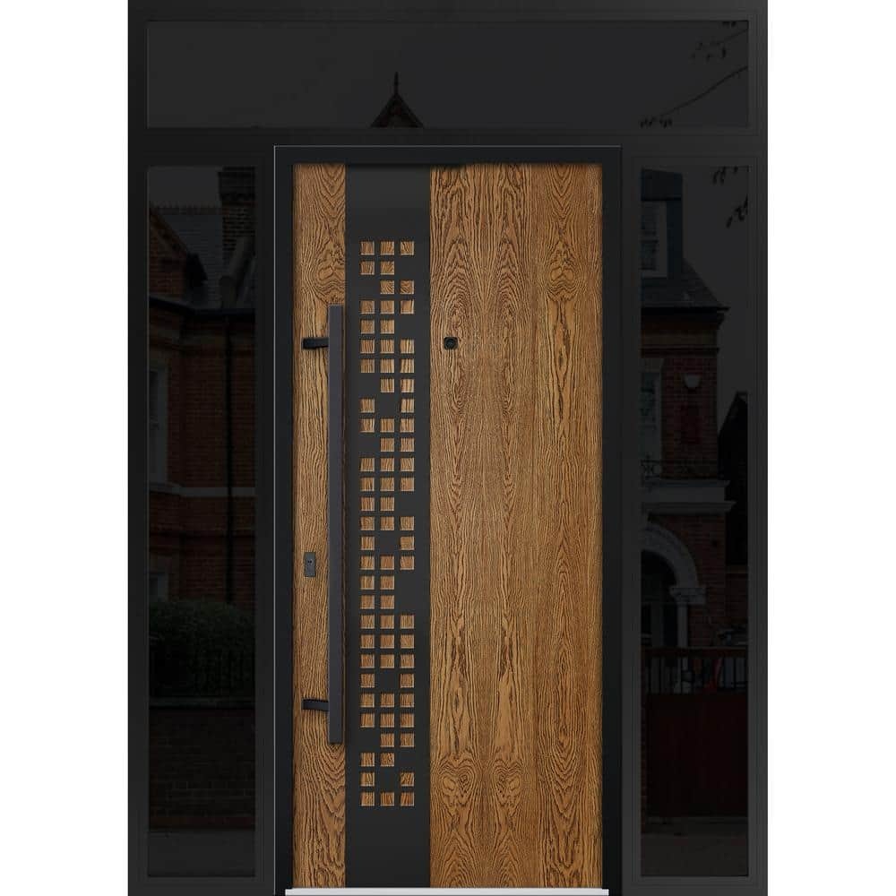 Front Exterior Prehung Steel Door / Deux 6678 Natural Oak / 2 Side Exterior Windows Sidelites/ Entry Metal Modern Painted W14+36+14  X H80  Left Hand 