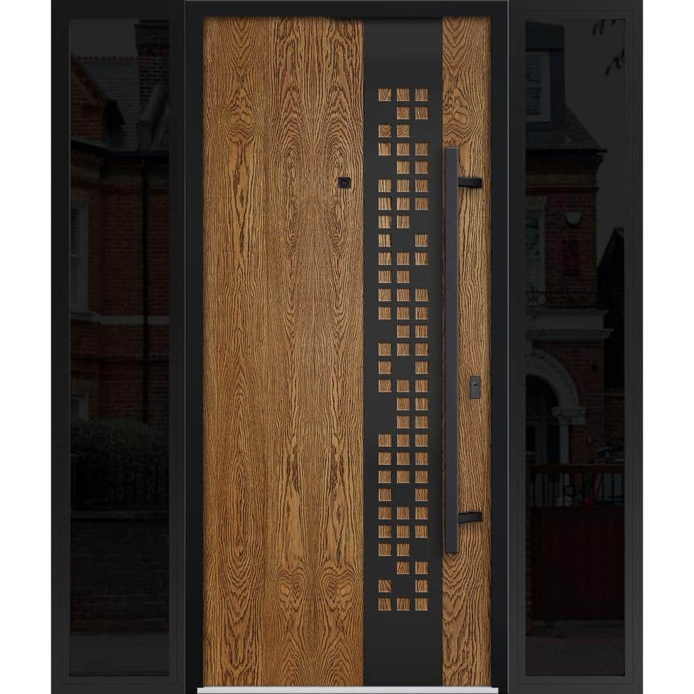 Front Exterior Prehung Steel Door / Deux 6678 Natural Oak / Side and Top Exterior Window Sidelite / Entry Metal Modern Painted W36+12  X H80+16  Right