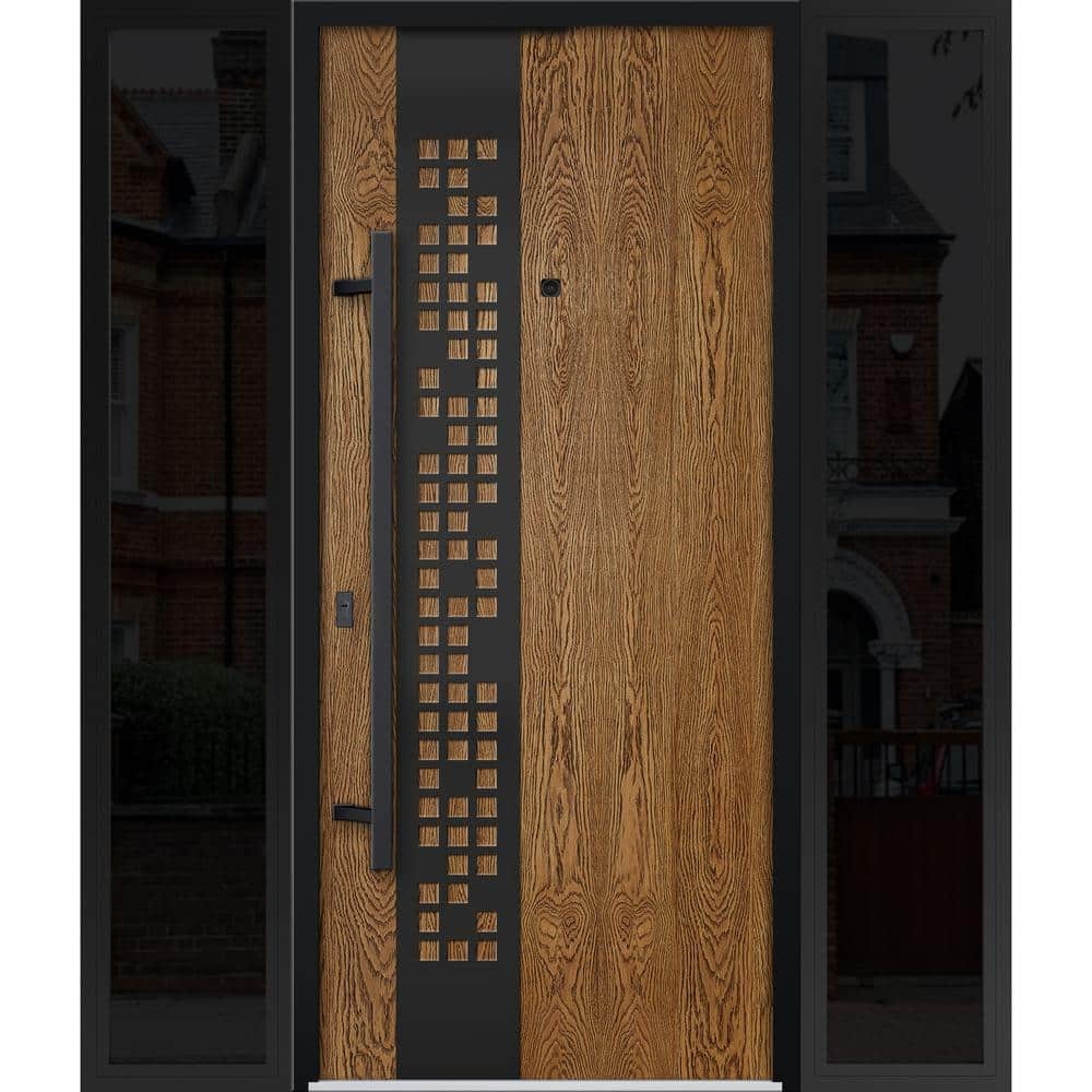 Front Exterior Prehung Steel Door / Deux 6678 Natural Oak / Side and Top Exterior Window Sidelite / Entry Metal Modern Painted W36+14  X H80+16  Left 