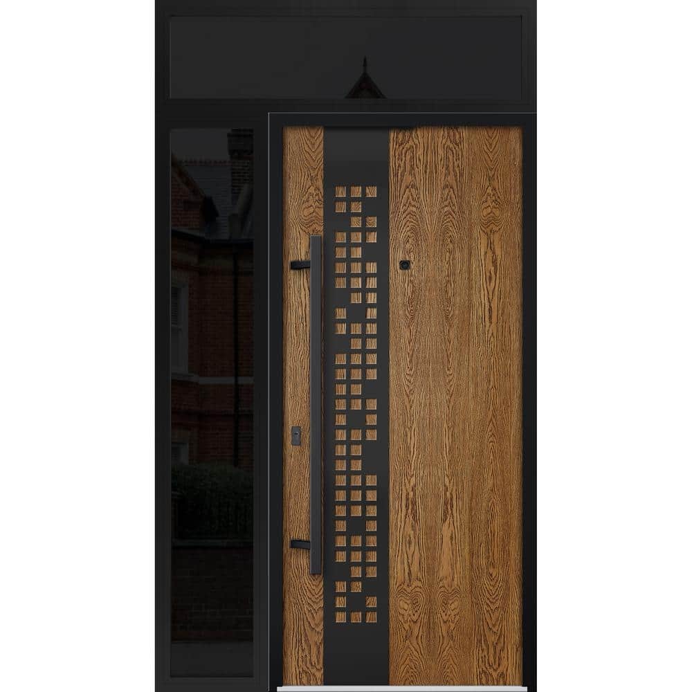Front Exterior Prehung Steel Door / Deux 6678 Natural Oak / Side Exterior Window Sidelite / Entry Metal Modern Painted W36+14  X H80  Left Hand Inswin