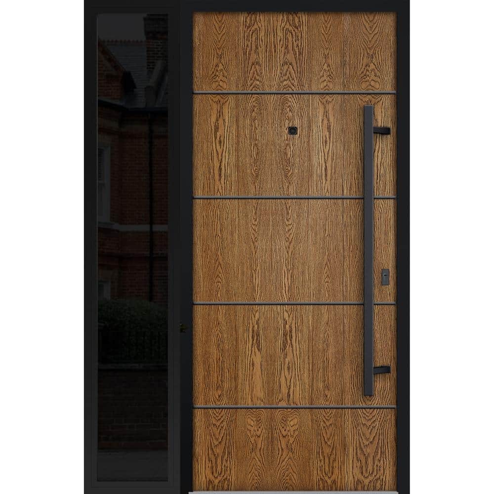 Front Exterior Prehung Steel Door / Deux 6678 Natural Oak / 2 Side and Top Exterior Window Sidelite / Entry Metal Modern Painted W16+36+16  X H80+16  