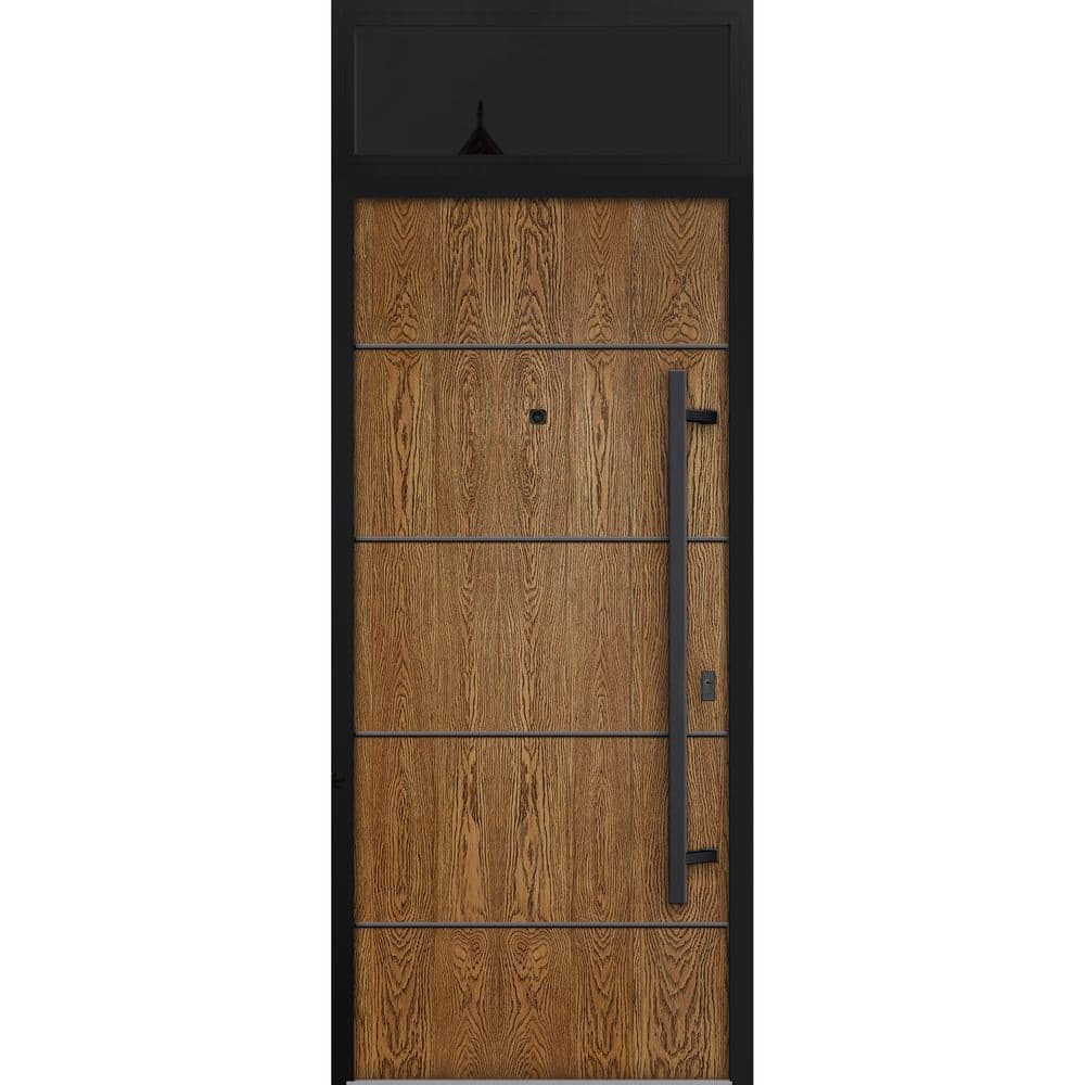Front Exterior Prehung Steel Door / Deux 6678 Natural Oak / 2 Side and Top Exterior Window Sidelite / Entry Metal Modern Painted W14+36+14  X H80+16  